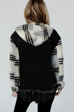 Online Dear-Lover Plaid Sleeve Frayed Hem Hooded Denim Jacket Black