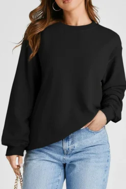 New Dear-Lover Plain Drop Shoulder Crewneck Pullover Sweatshirt Black
