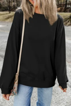 New Dear-Lover Plain Drop Shoulder Crewneck Pullover Sweatshirt Black