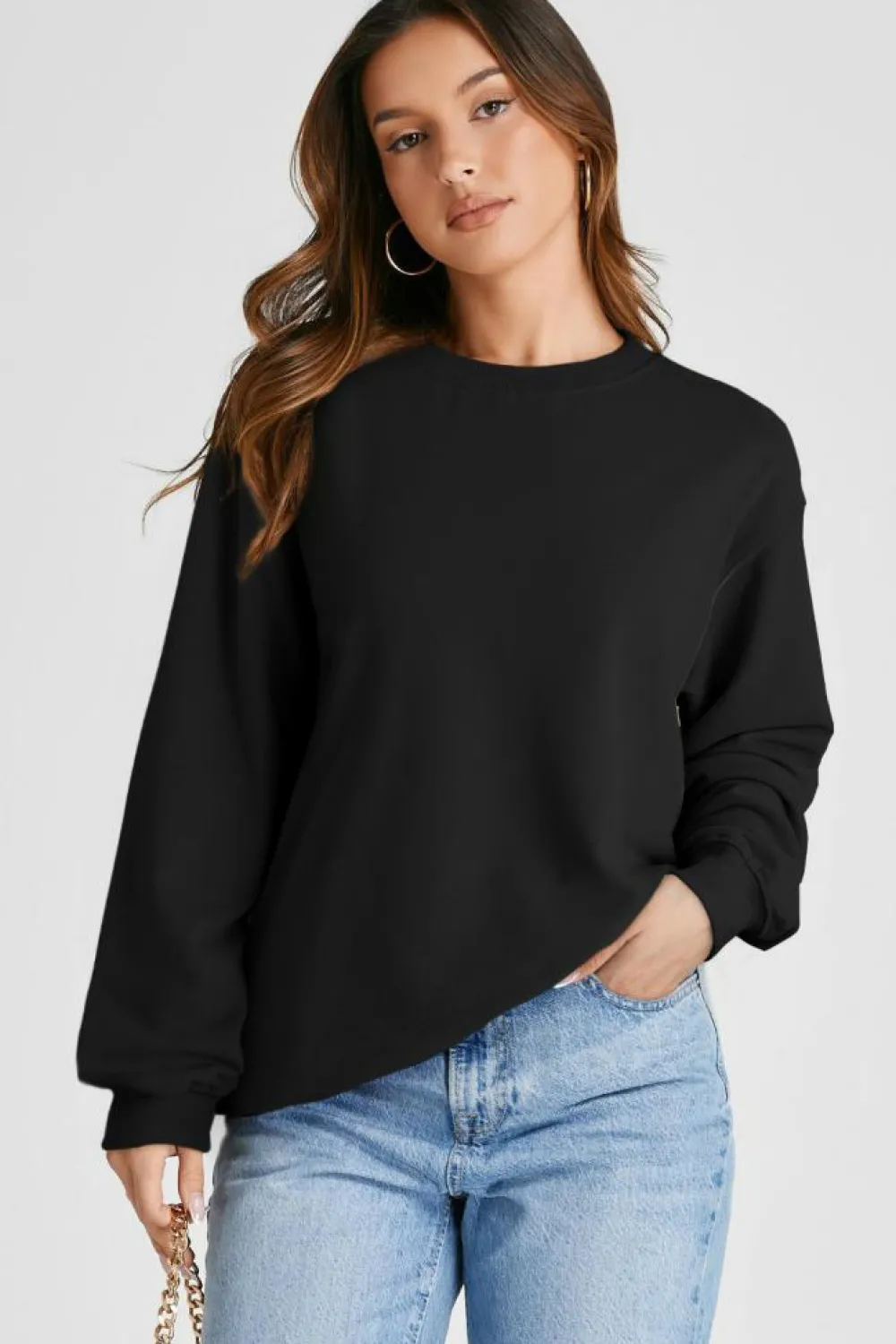 New Dear-Lover Plain Drop Shoulder Crewneck Pullover Sweatshirt Black
