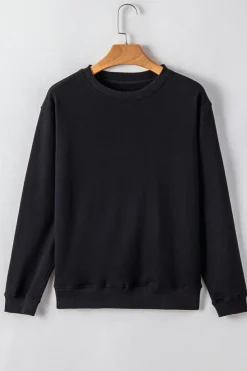 New Dear-Lover Plain Drop Shoulder Crewneck Pullover Sweatshirt Black