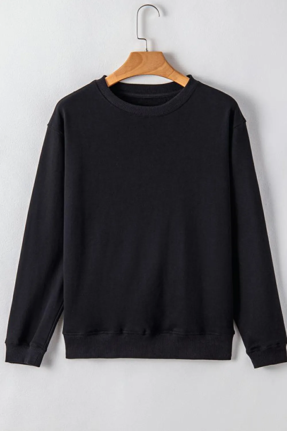 New Dear-Lover Plain Drop Shoulder Crewneck Pullover Sweatshirt Black