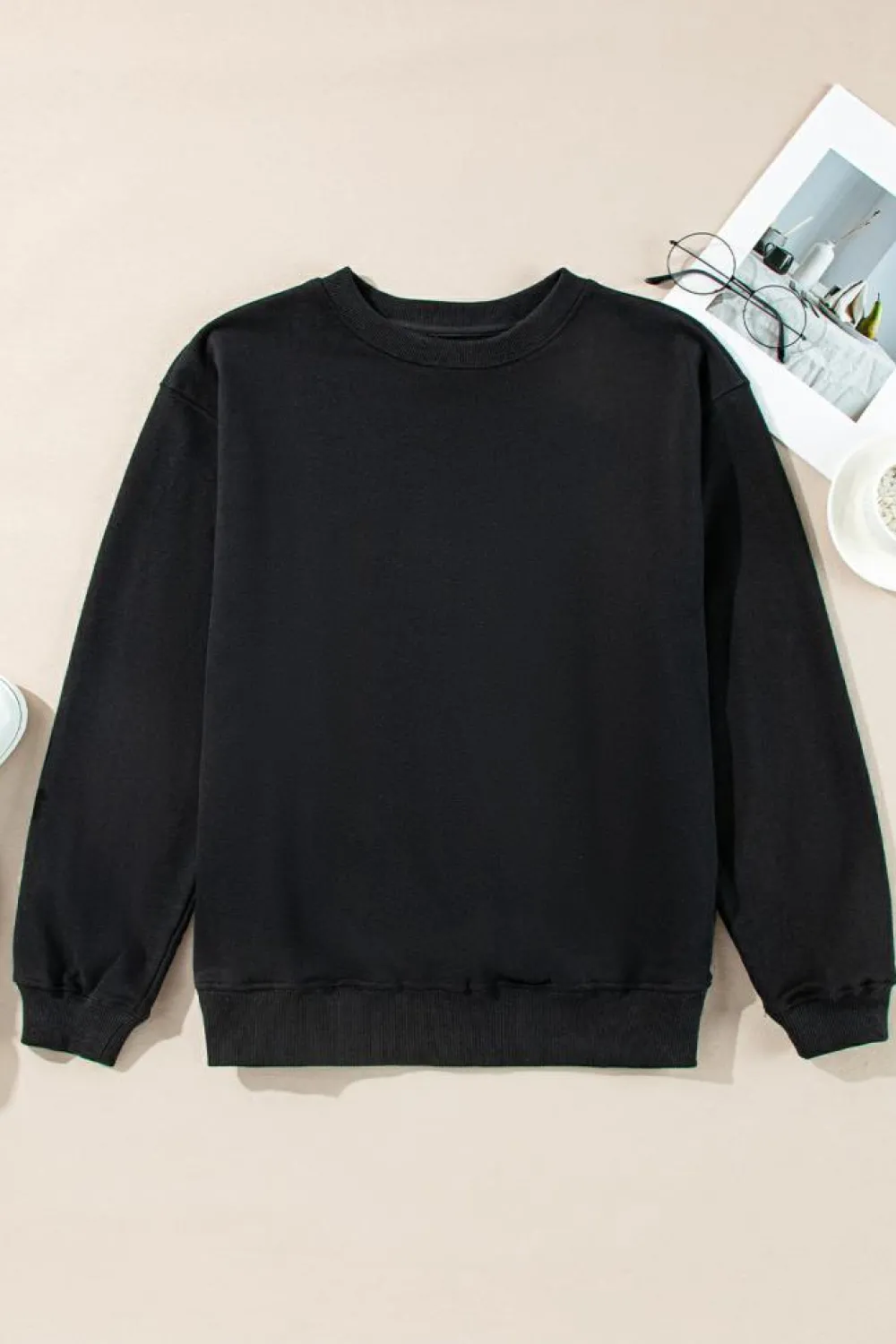 New Dear-Lover Plain Drop Shoulder Crewneck Pullover Sweatshirt Black