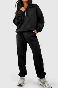 Fashion Dear-Lover Plain Half Zip V Neck Ribbed Edge Loose Tracksuit Black