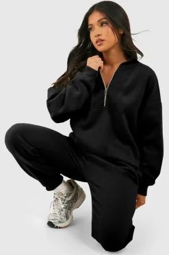 Fashion Dear-Lover Plain Half Zip V Neck Ribbed Edge Loose Tracksuit Black