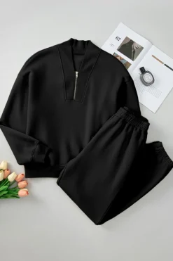 Fashion Dear-Lover Plain Half Zip V Neck Ribbed Edge Loose Tracksuit Black