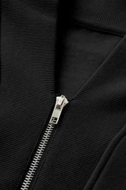 Fashion Dear-Lover Plain Half Zip V Neck Ribbed Edge Loose Tracksuit Black