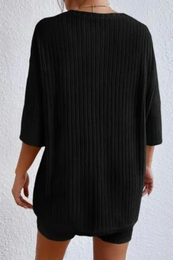 Online Dear-Lover Plain Ribbed Loose Fit Two Piece Lounge Set Black