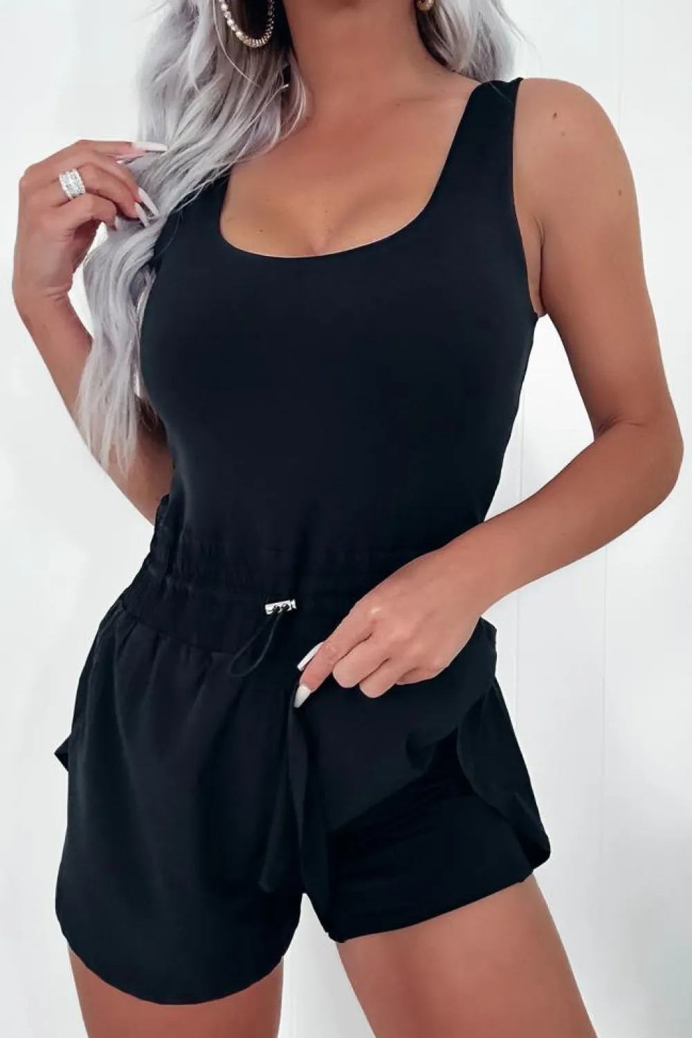 Sale Dear-Lover Plain Sleeveless Loop Drawstring Cinched Waist Romper Black