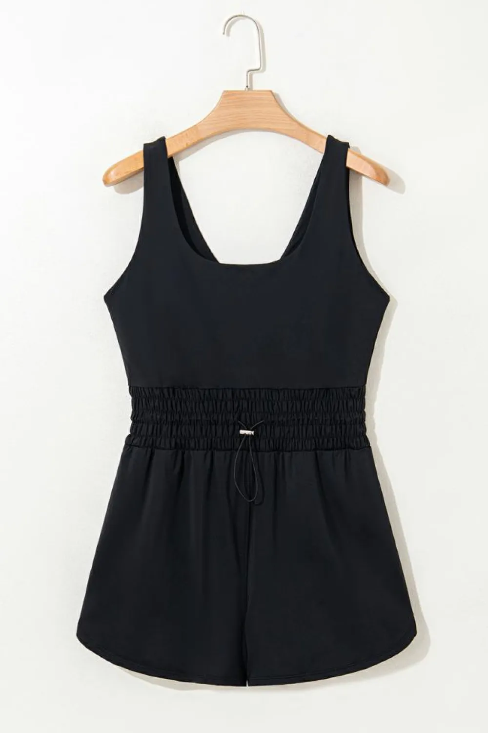 Sale Dear-Lover Plain Sleeveless Loop Drawstring Cinched Waist Romper Black