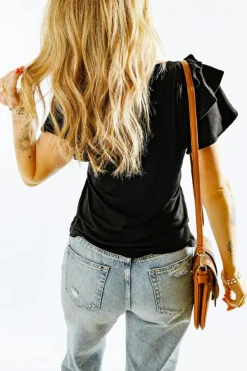 Discount Dear-Lover Plain Tiered Ruffled Short Sleeve T Shirt Black