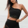 New Dear-Lover Pleated Mesh One Shoulder Bikini Top and Skirts Set Black