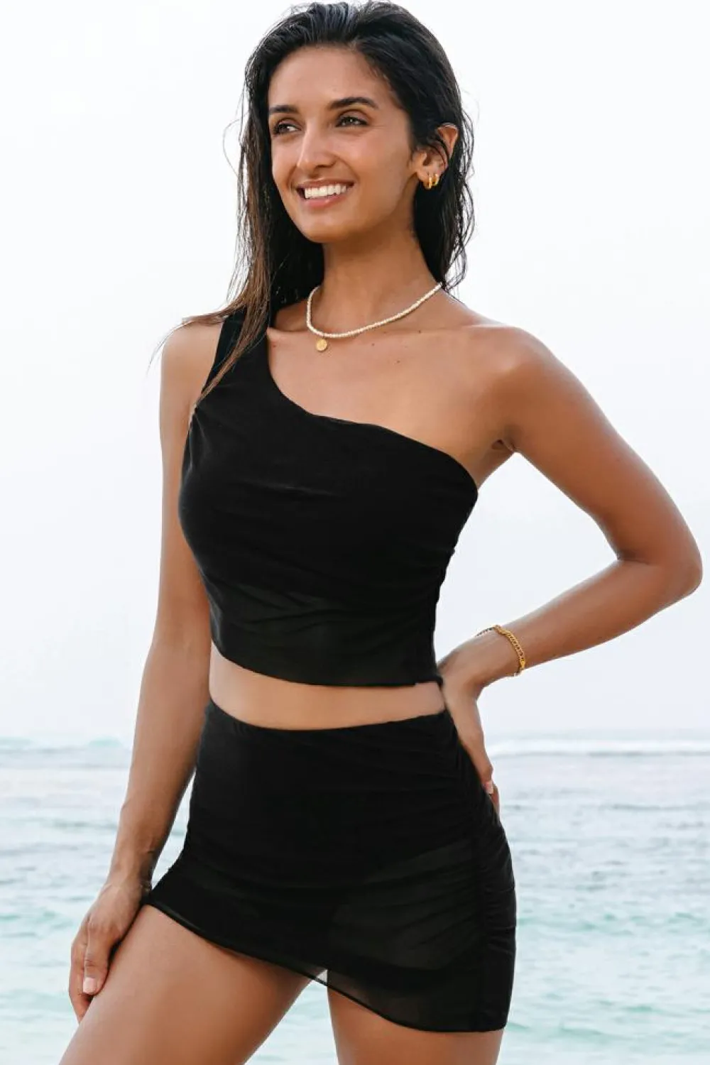 New Dear-Lover Pleated Mesh One Shoulder Bikini Top and Skirts Set Black