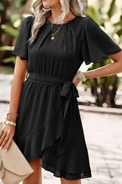 Best Dear-Lover Pleated Round Neck Butterfly Sleeve Ruffle Trim Belted Mini Dress Black