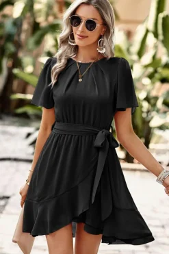 Best Dear-Lover Pleated Round Neck Butterfly Sleeve Ruffle Trim Belted Mini Dress Black