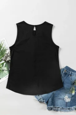 Clearance Dear-Lover Pleated Round Neck Sleeveless Top Black