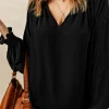 Best Dear-Lover Pleated V Neck Puffy Sleeve Blouse Black