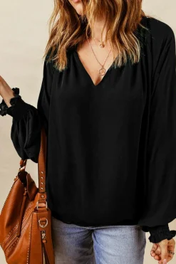 Best Dear-Lover Pleated V Neck Puffy Sleeve Blouse Black