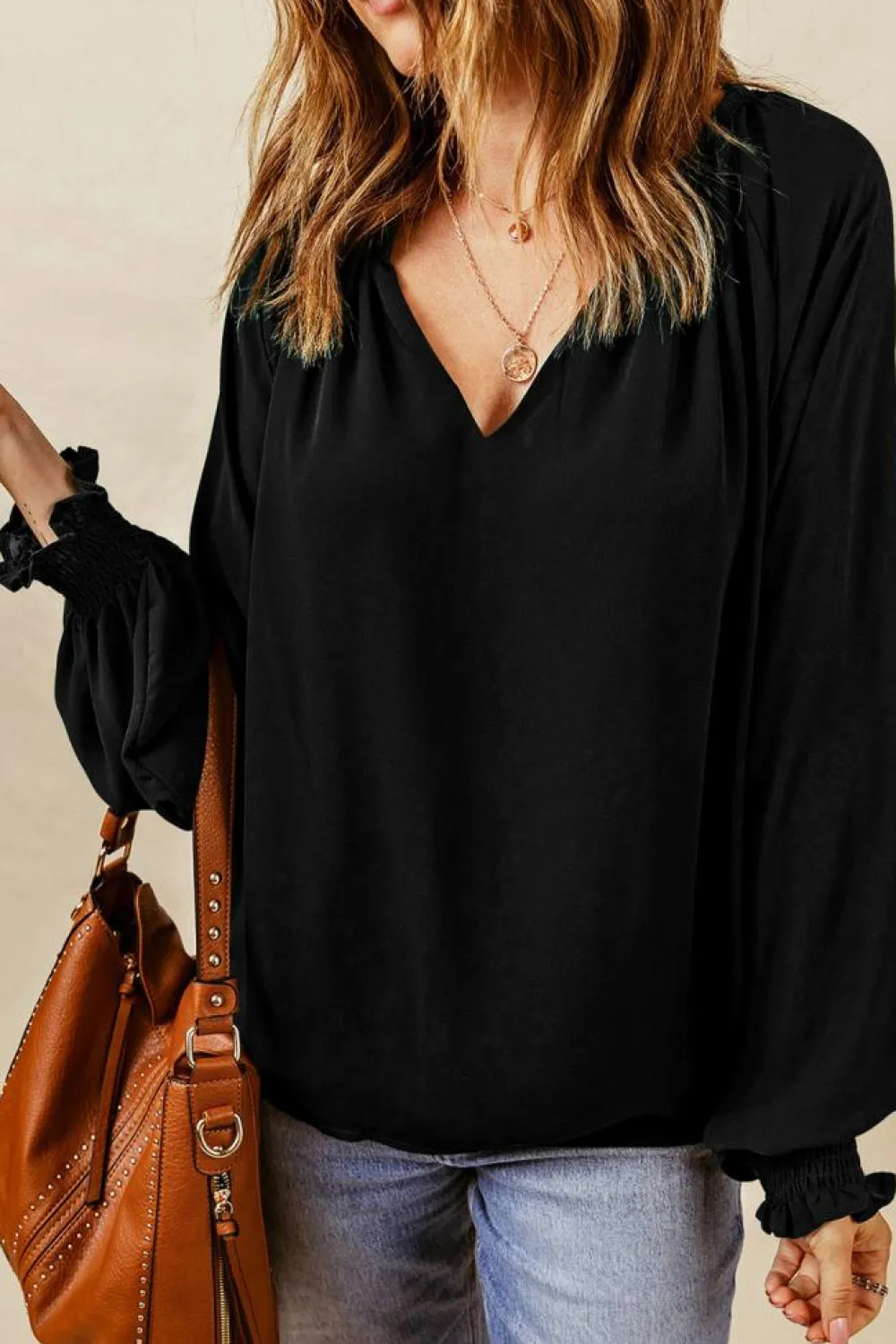 Best Dear-Lover Pleated V Neck Puffy Sleeve Blouse Black