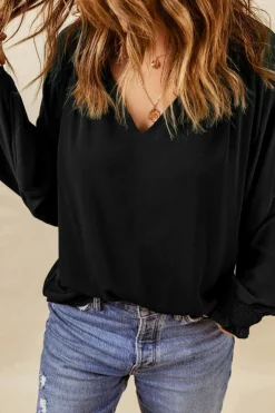 Best Dear-Lover Pleated V Neck Puffy Sleeve Blouse Black