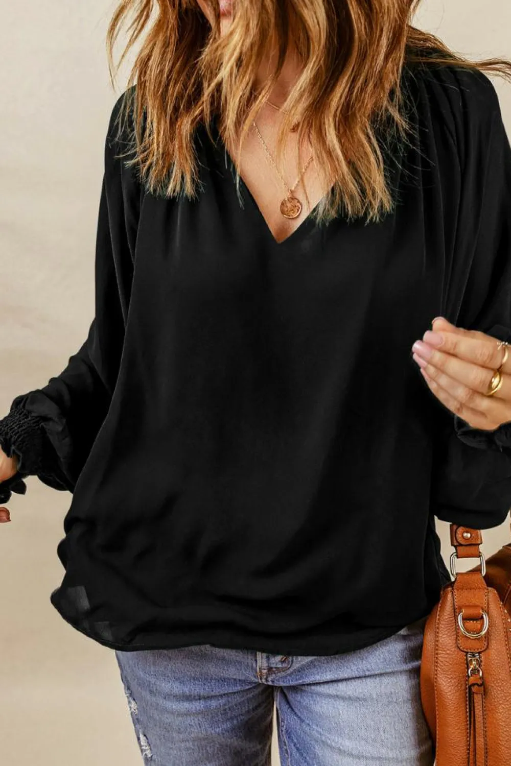 Best Dear-Lover Pleated V Neck Puffy Sleeve Blouse Black
