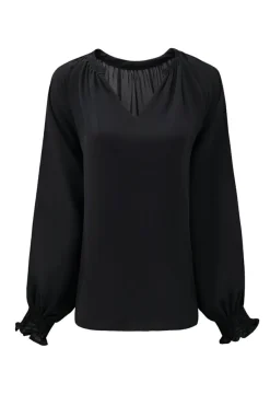 Best Dear-Lover Pleated V Neck Puffy Sleeve Blouse Black