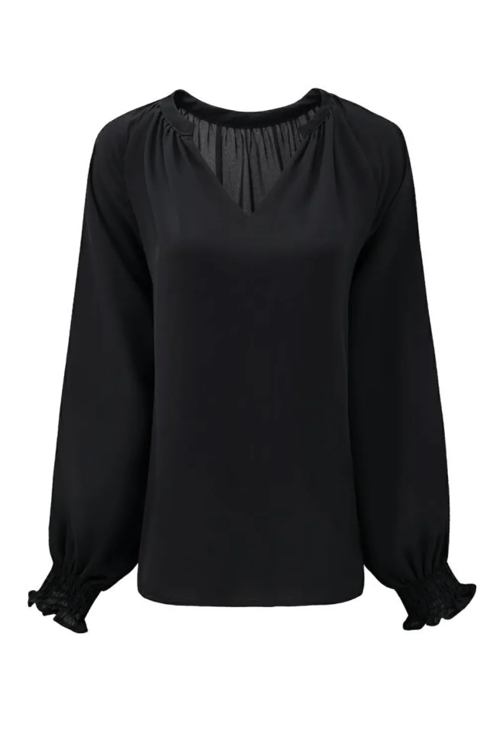 Best Dear-Lover Pleated V Neck Puffy Sleeve Blouse Black