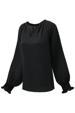 Best Dear-Lover Pleated V Neck Puffy Sleeve Blouse Black