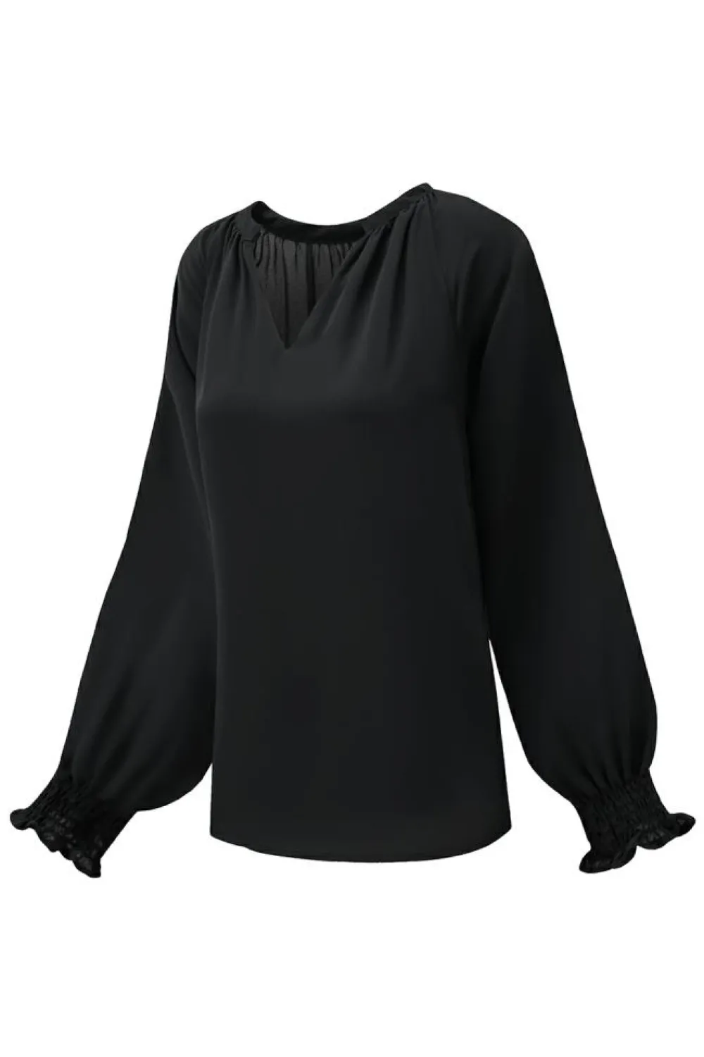 Best Dear-Lover Pleated V Neck Puffy Sleeve Blouse Black