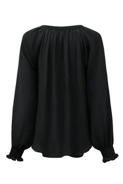 Best Dear-Lover Pleated V Neck Puffy Sleeve Blouse Black