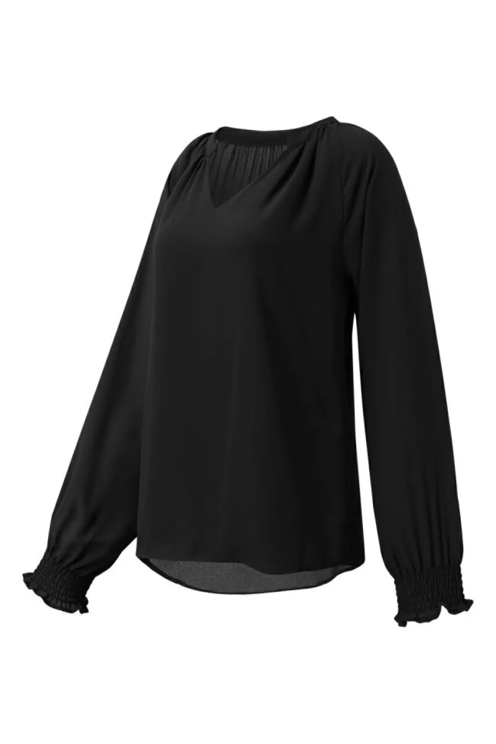 Best Dear-Lover Pleated V Neck Puffy Sleeve Blouse Black