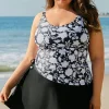 Hot Dear-Lover Plus Size Printed Square Neck Drawstring Ruffled Tankini Set Black