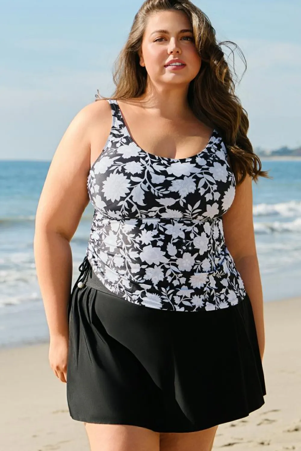 Hot Dear-Lover Plus Size Printed Square Neck Drawstring Ruffled Tankini Set Black