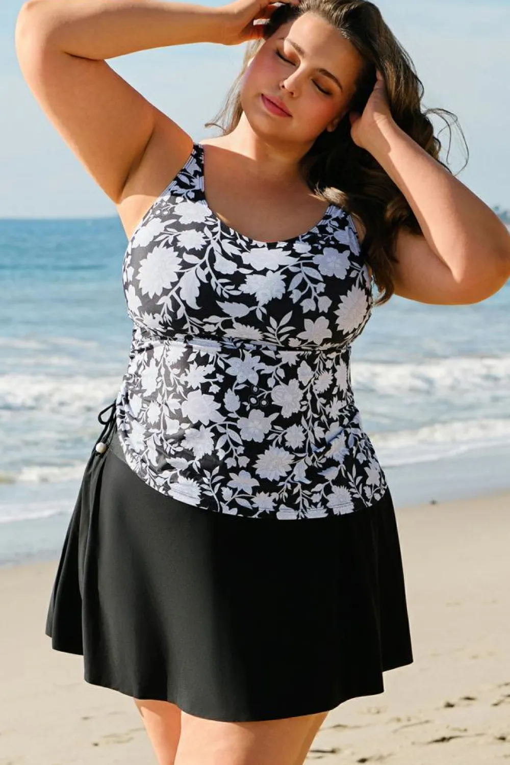 Hot Dear-Lover Plus Size Printed Square Neck Drawstring Ruffled Tankini Set Black