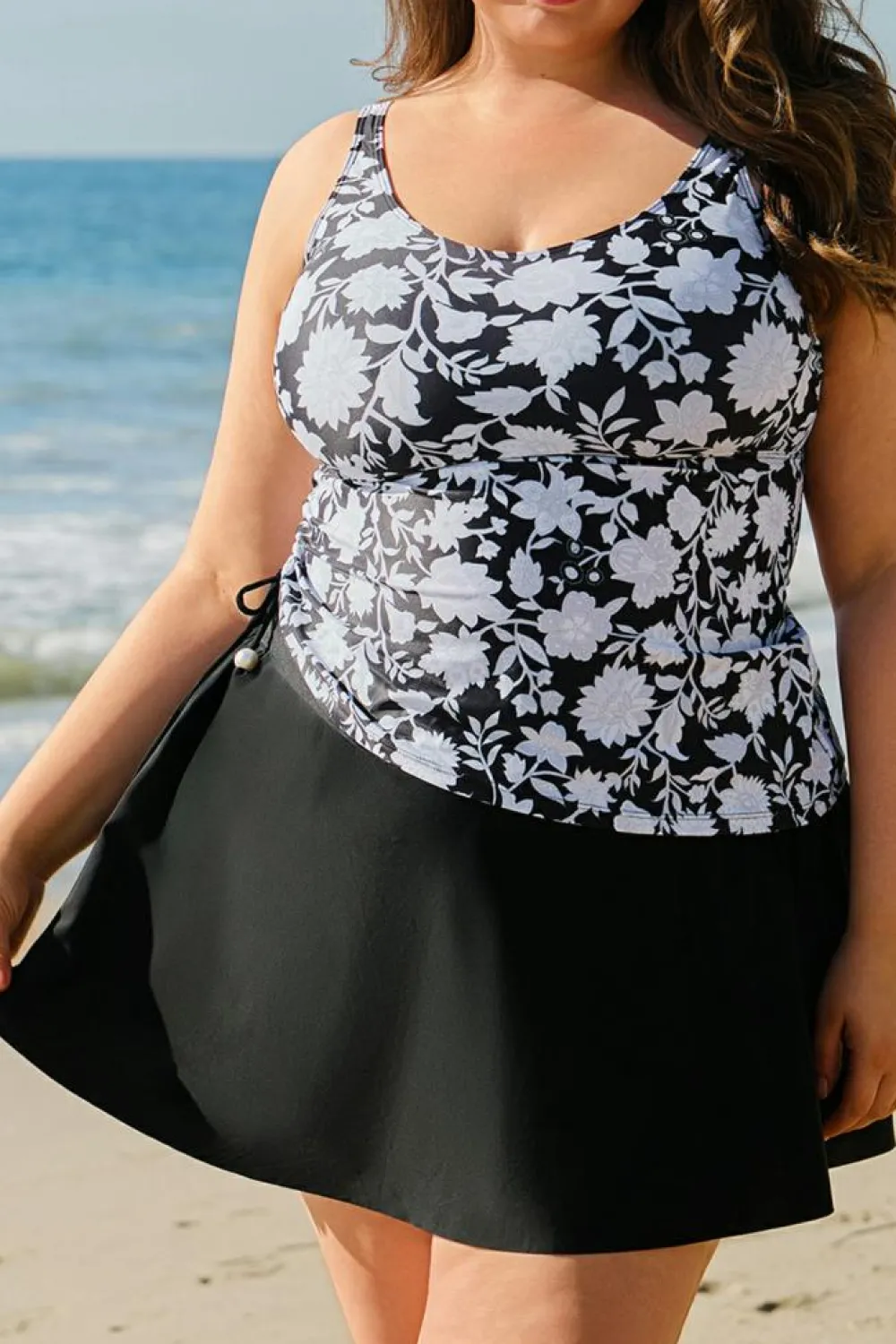 Hot Dear-Lover Plus Size Printed Square Neck Drawstring Ruffled Tankini Set Black