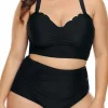 Discount Dear-Lover Plus Size Scalloped Detail High Waist Bikini Swimsuit Black