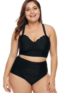 Discount Dear-Lover Plus Size Scalloped Detail High Waist Bikini Swimsuit Black