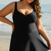 New Dear-Lover Plus Size Solid Pleated Ruffled One Piece Swim Dress Black