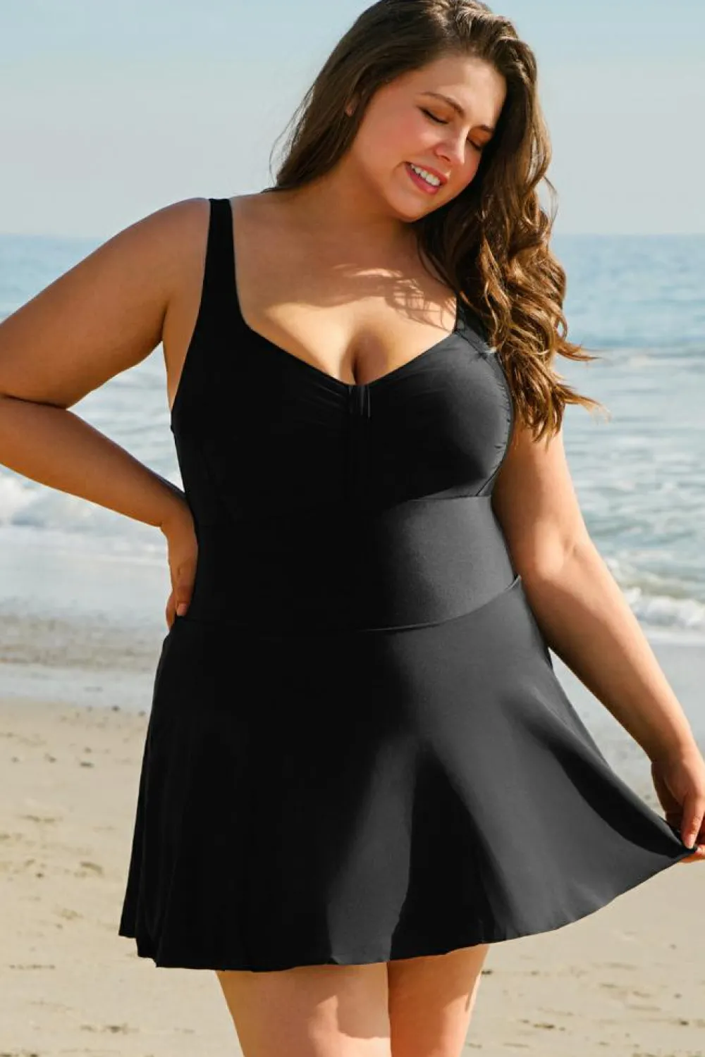 New Dear-Lover Plus Size Solid Pleated Ruffled One Piece Swim Dress Black