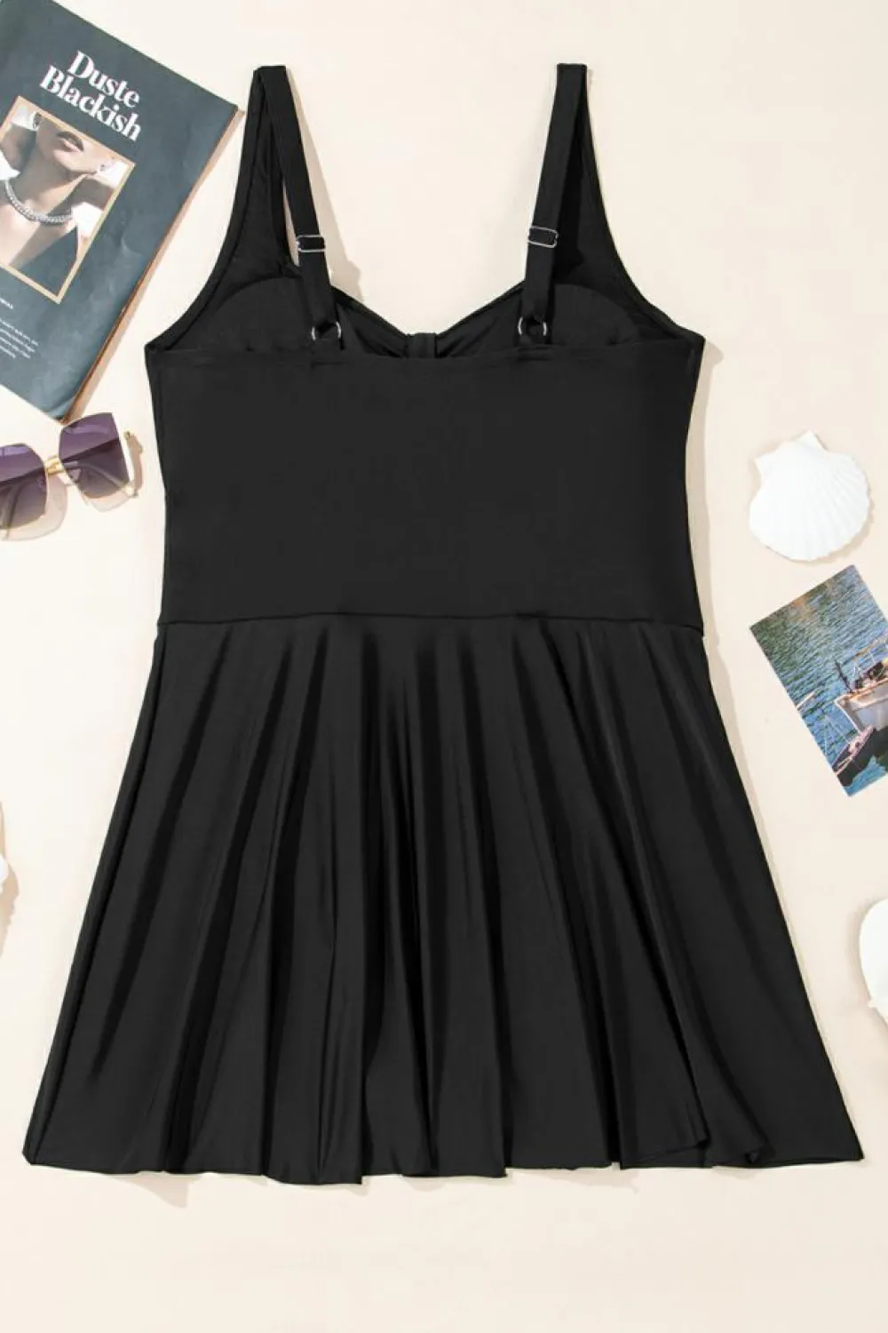 New Dear-Lover Plus Size Solid Pleated Ruffled One Piece Swim Dress Black
