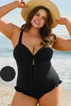 Clearance Dear-Lover Plus Size Textured Knotted Ruffled Trim One Piece Swimwear Black