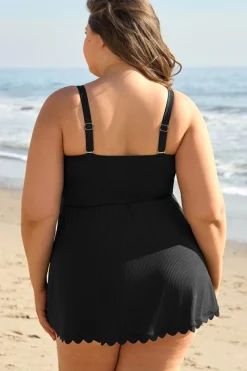 Fashion Dear-Lover Plus Size Textured Scalloped Trim Swim Dress with Panty Black