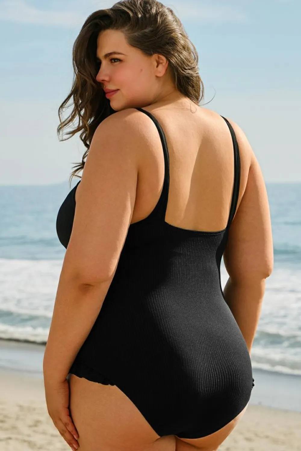 Clearance Dear-Lover Plus Size Textured Knotted Ruffled Trim One Piece Swimwear Black