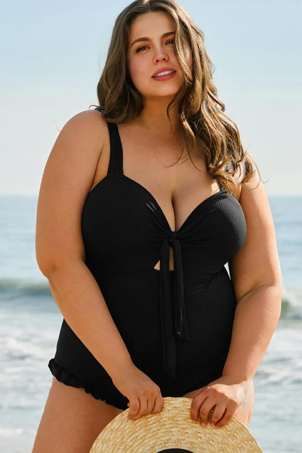 Clearance Dear-Lover Plus Size Textured Knotted Ruffled Trim One Piece Swimwear Black
