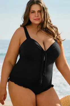 Clearance Dear-Lover Plus Size Textured Knotted Ruffled Trim One Piece Swimwear Black