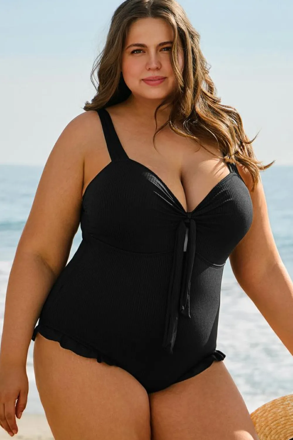 Clearance Dear-Lover Plus Size Textured Knotted Ruffled Trim One Piece Swimwear Black