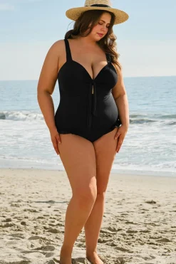 Clearance Dear-Lover Plus Size Textured Knotted Ruffled Trim One Piece Swimwear Black