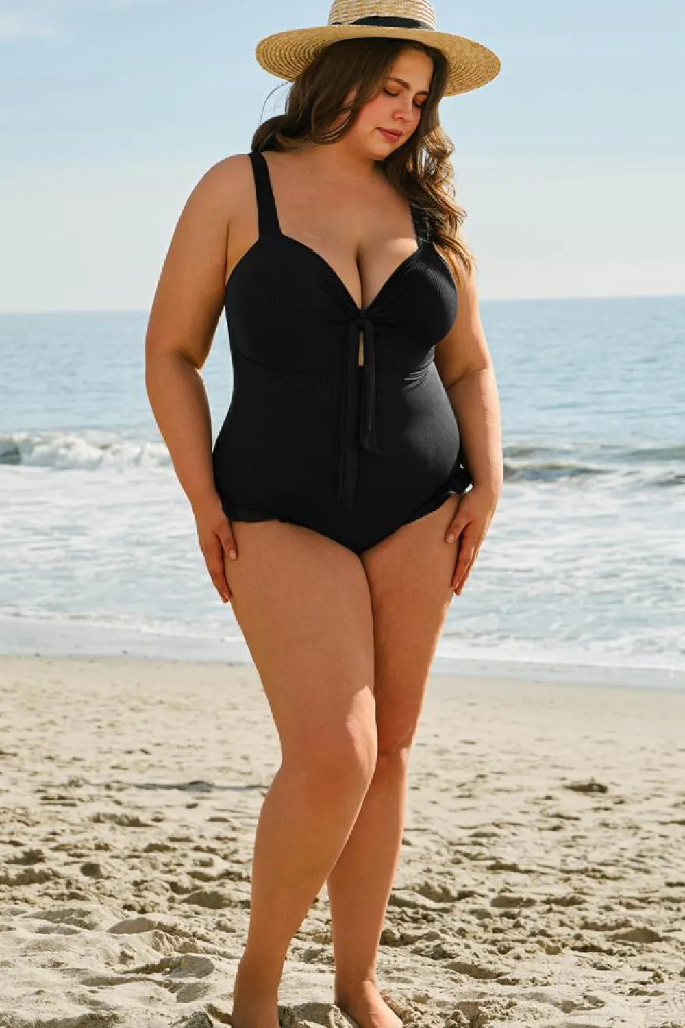 Clearance Dear-Lover Plus Size Textured Knotted Ruffled Trim One Piece Swimwear Black
