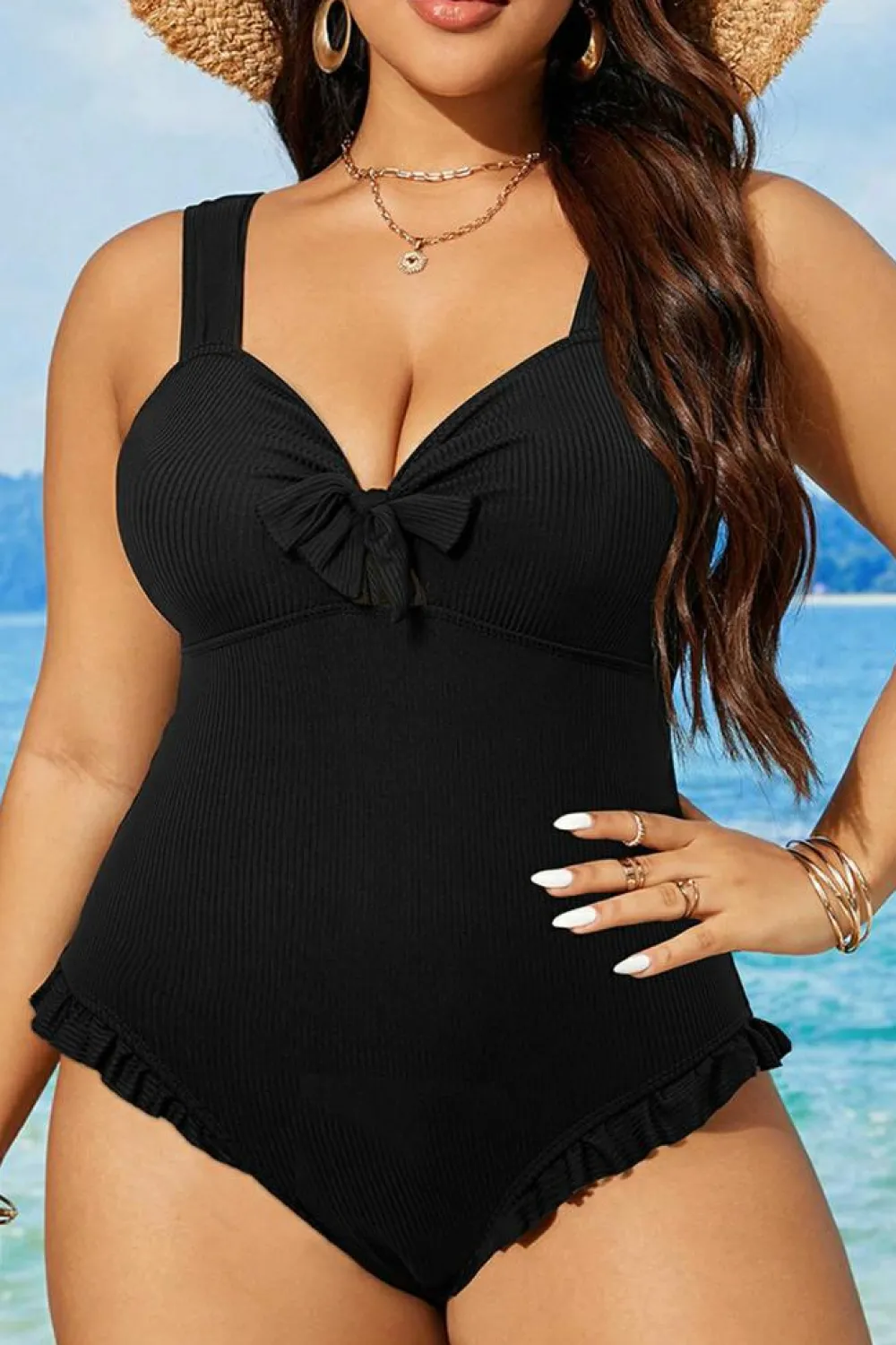 Clearance Dear-Lover Plus Size Textured Knotted Ruffled Trim One Piece Swimwear Black