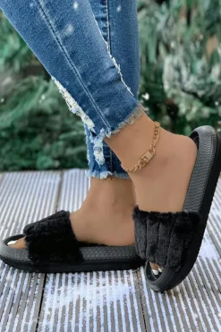 Sale Dear-Lover Plush Band Comfy Home Slippers Black